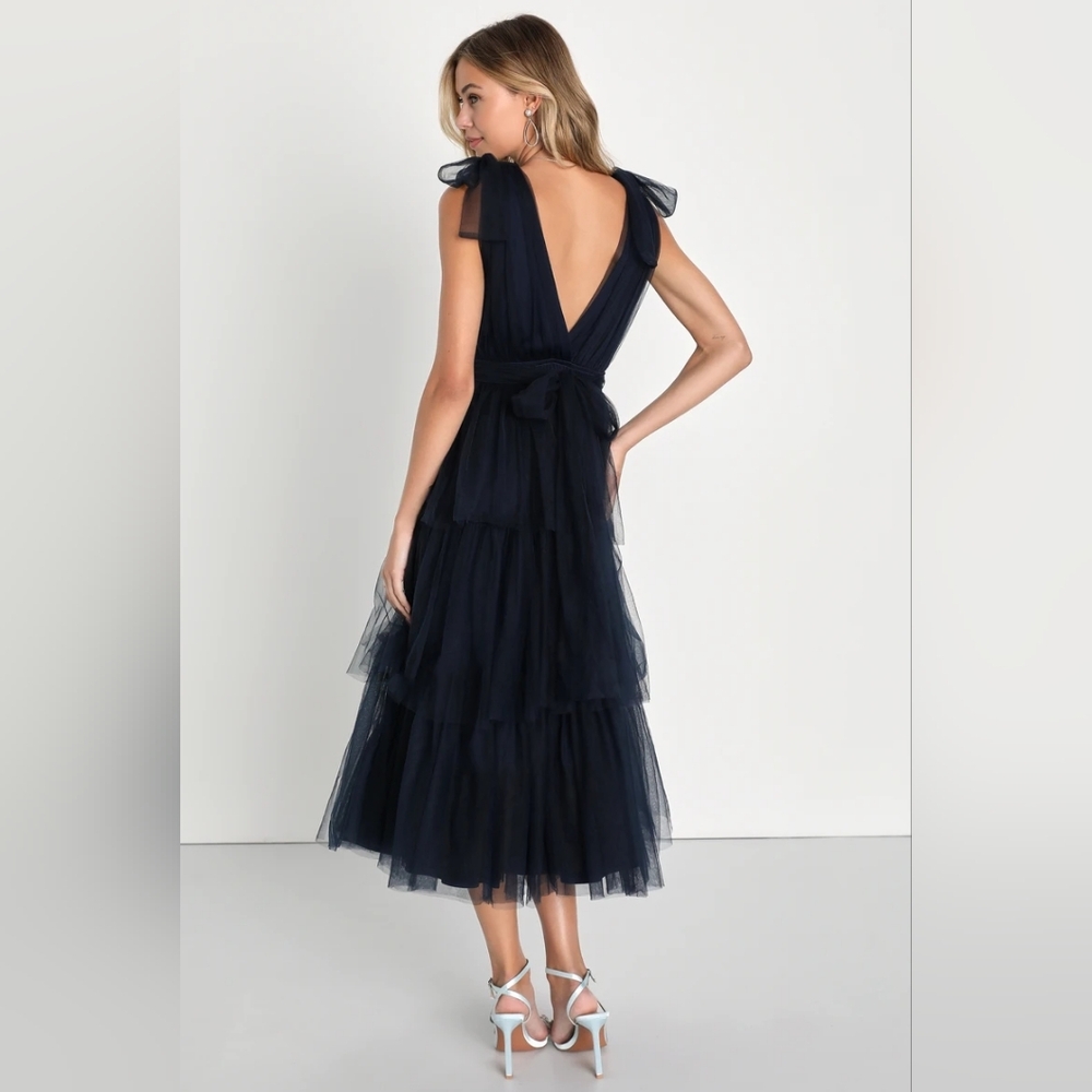 Flawless Arrival Navy Blue Tulle Tie-Strap Tiered Maxi Dress - M - Picture 2 of 5
